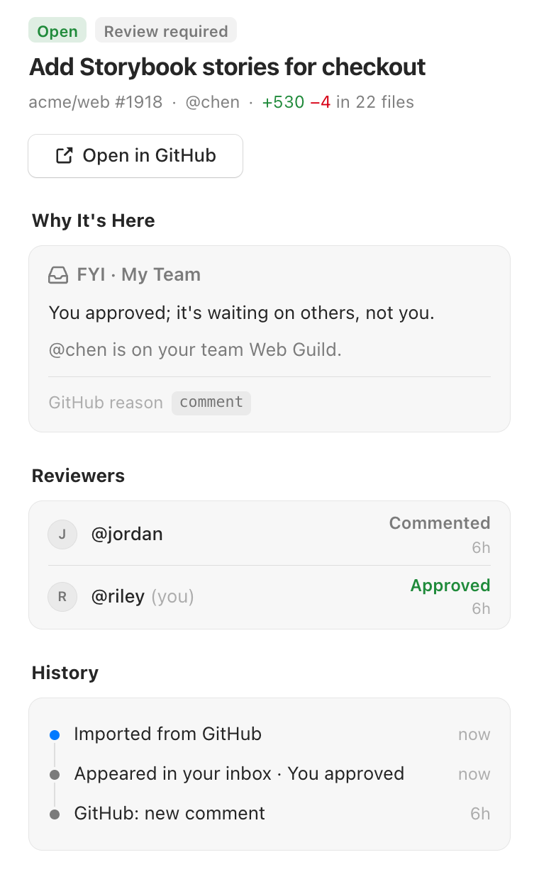 Detail for “Add Storybook stories for checkout”. Why it’s here: FYI, My Team. You approved; it’s waiting on others, not you. GitHub reason: comment. Reviewers: @jordan commented; you approved.